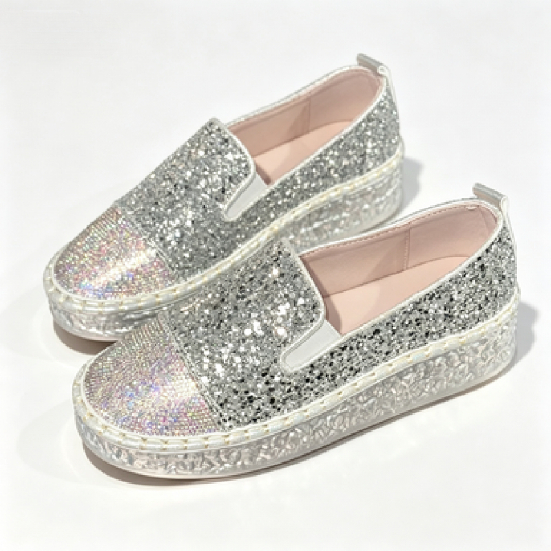 Espadrille Slip On - Silver Glitter Rhinestone Platform Loafers Women