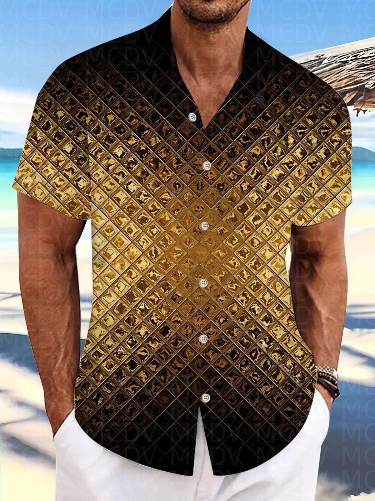 Shirt Camp Collar - Rhombus Pattern Men's Hawaiian Shirt Stretch