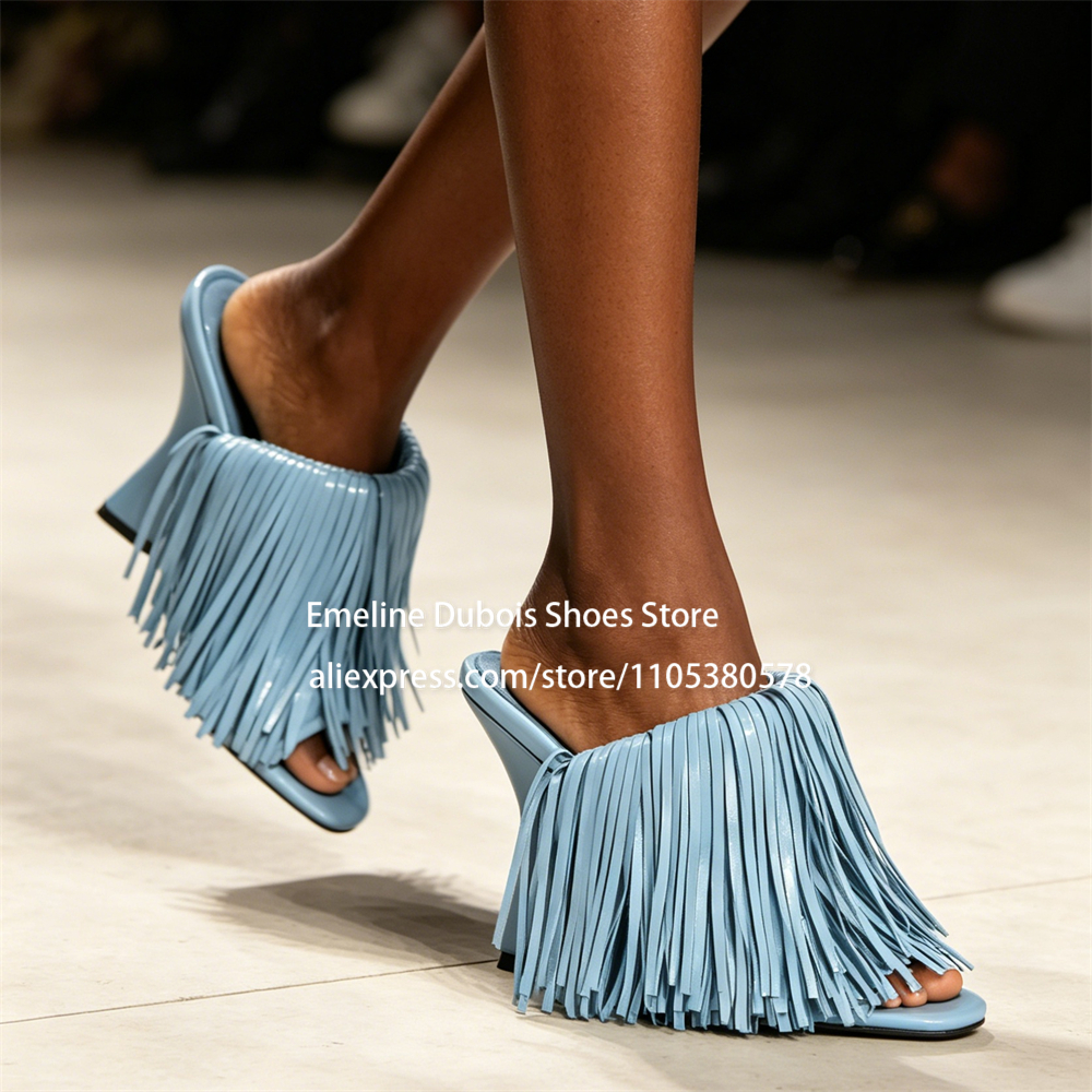 Casual Sandal Leather - Blue Patent Leather Fringe Wedge Heel