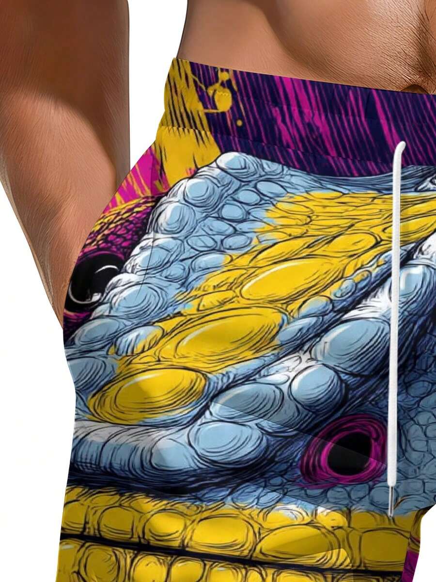 Swim Trunk Quick Dry - Mens Vibrant Chameleon Scale Print Beach