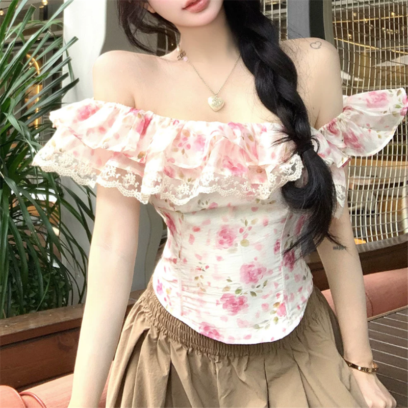 Resort Shirt Floral - Slash Neck Ruffles Lace Patchwork Floral