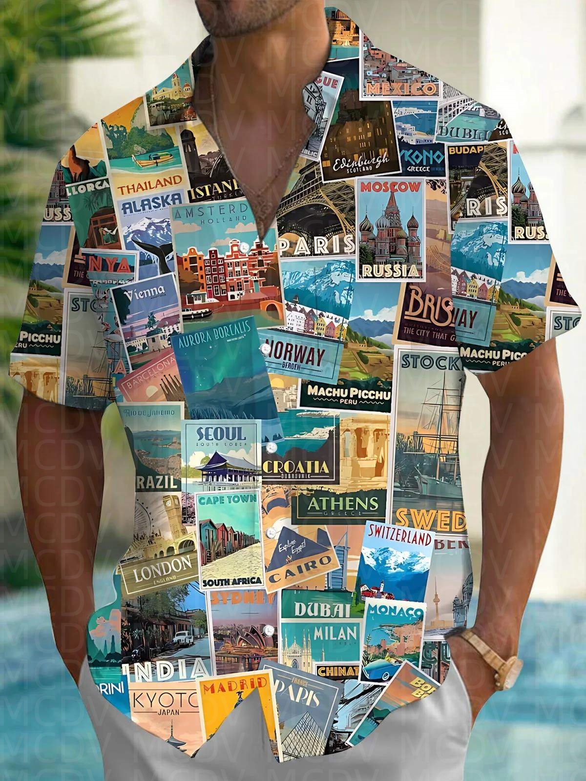 Rhombus Pattern Men's Hawaiian - Shirt Camp Collar บทวิจารณ์และราคา