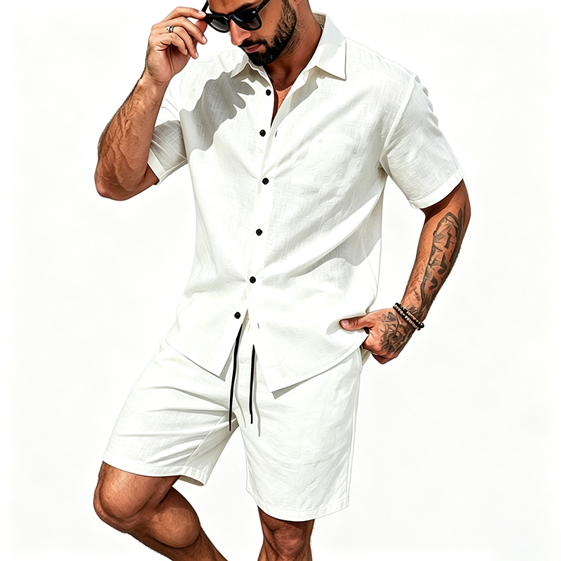 Men Linen Two Piece Outfit Sho - Linen Shirt Breathable บทวิจารณ์และราคา