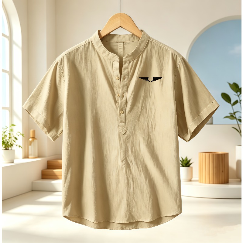 Men's cotton and linen Henley  - Linen Shirt Breathable บทวิจารณ์และราคา