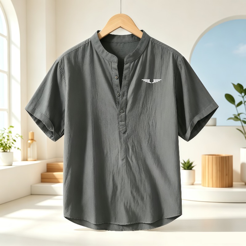 Men's cotton and linen Henley  - Linen Shirt Breathable บทวิจารณ์และราคา