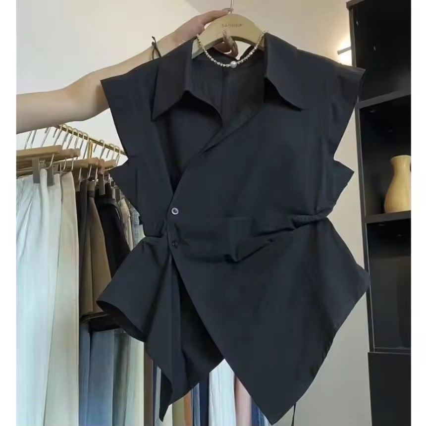 French Solid Color Pleated Irr - Shirt Camp Collar บทวิจารณ์และราคา