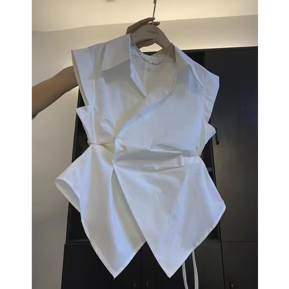 French Solid Color Pleated Irr - Shirt Camp Collar บทวิจารณ์และราคา