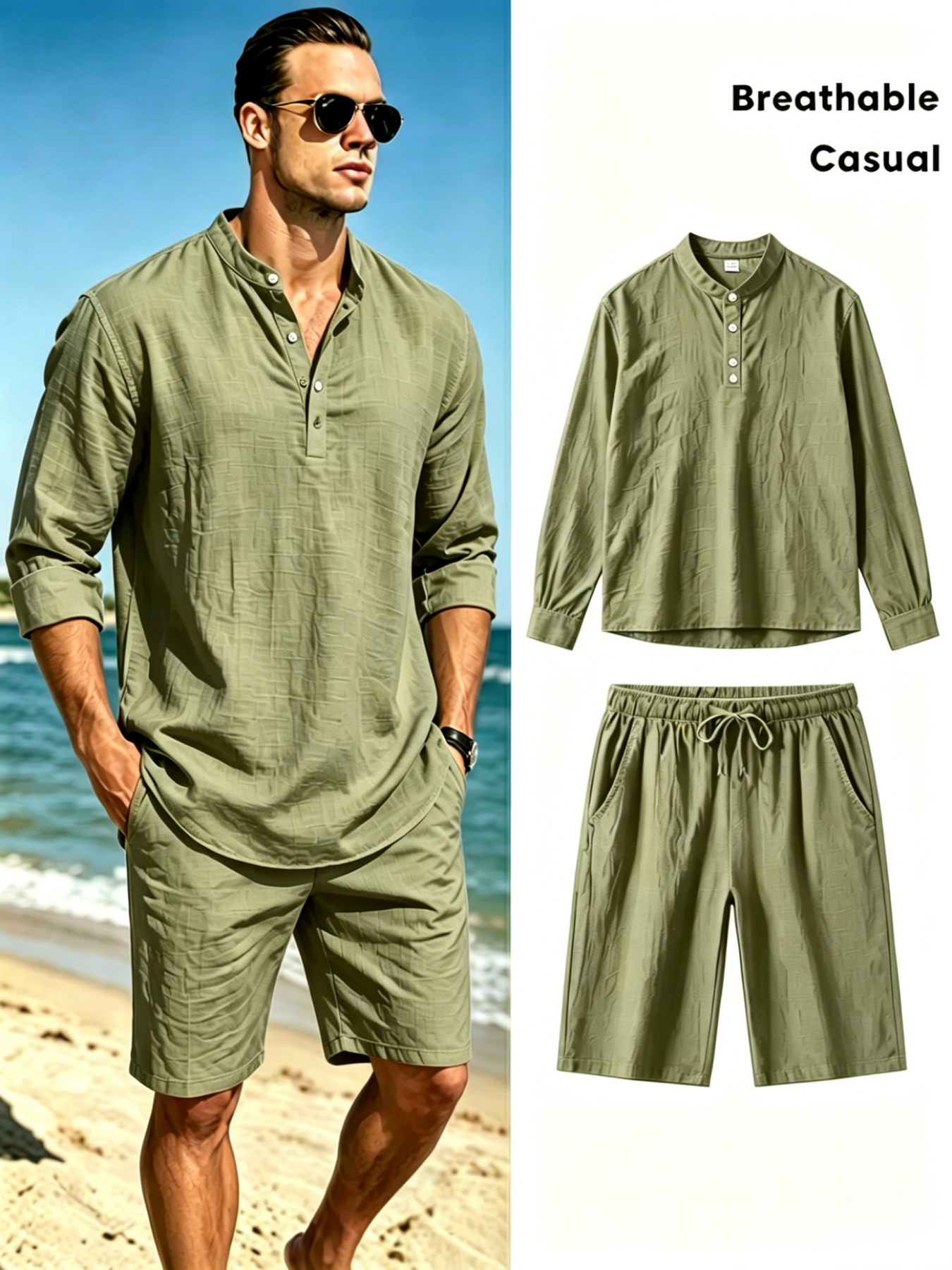 Men's Cotton Linen Henley Shir - Linen Shirt Breathable บทวิจารณ์และราคา