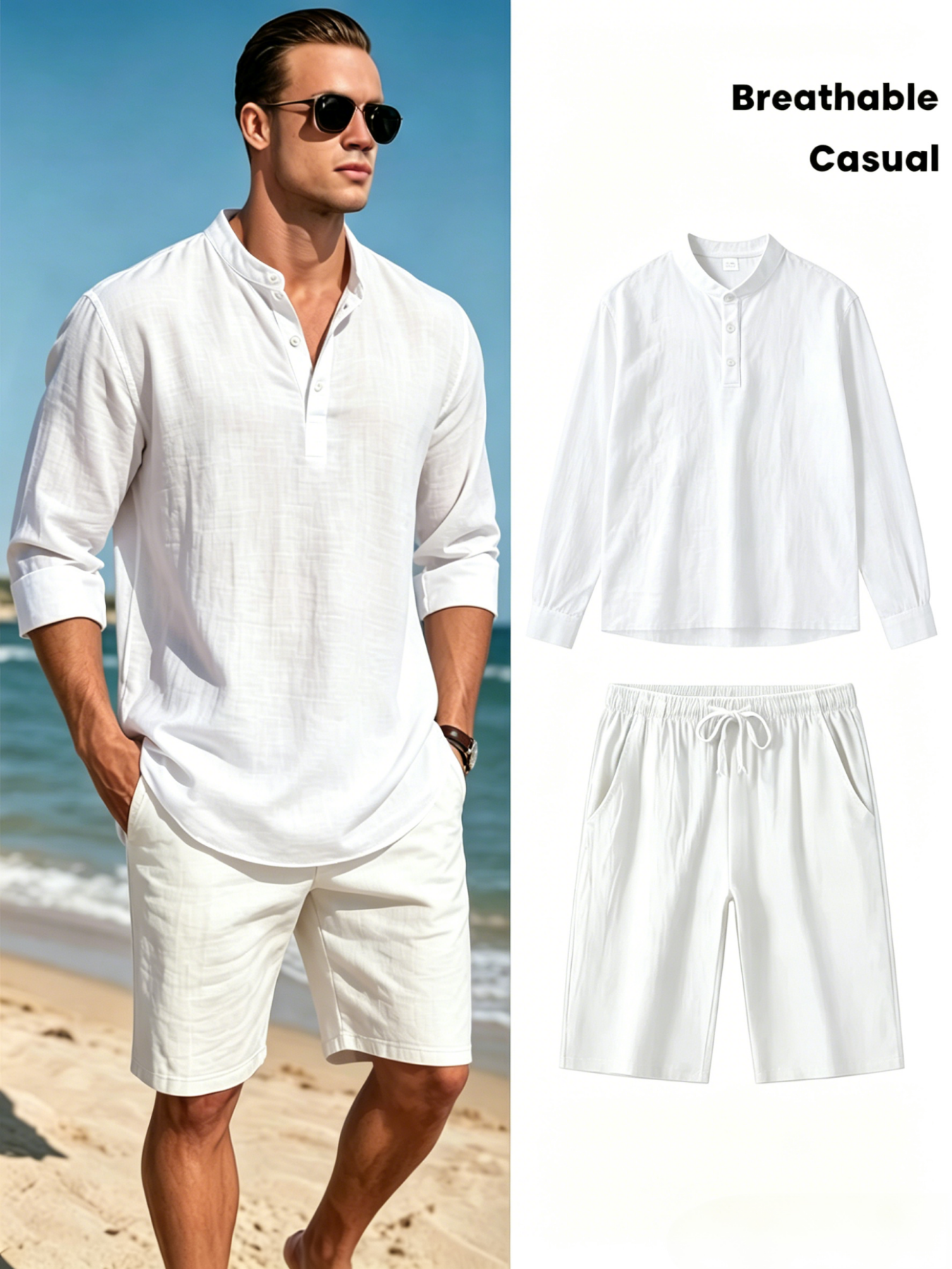 Men's Cotton Linen Henley Shir - Linen Shirt Breathable บทวิจารณ์และราคา
