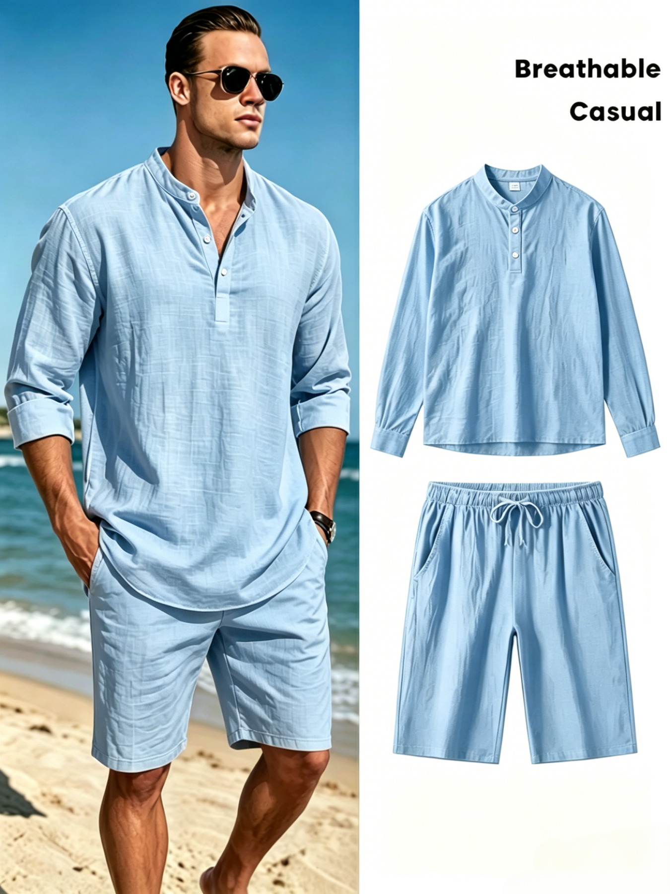 Men's Cotton Linen Henley Shir - Linen Shirt Breathable บทวิจารณ์และราคา