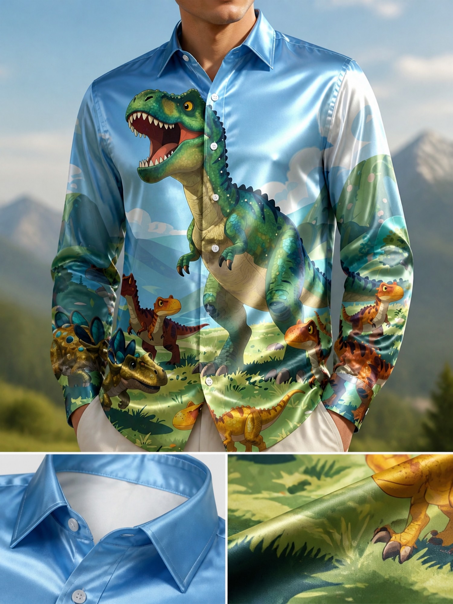 Mens Fashion Satin Long Sleeve - Resort Shirt Floral บทวิจารณ์และราคา