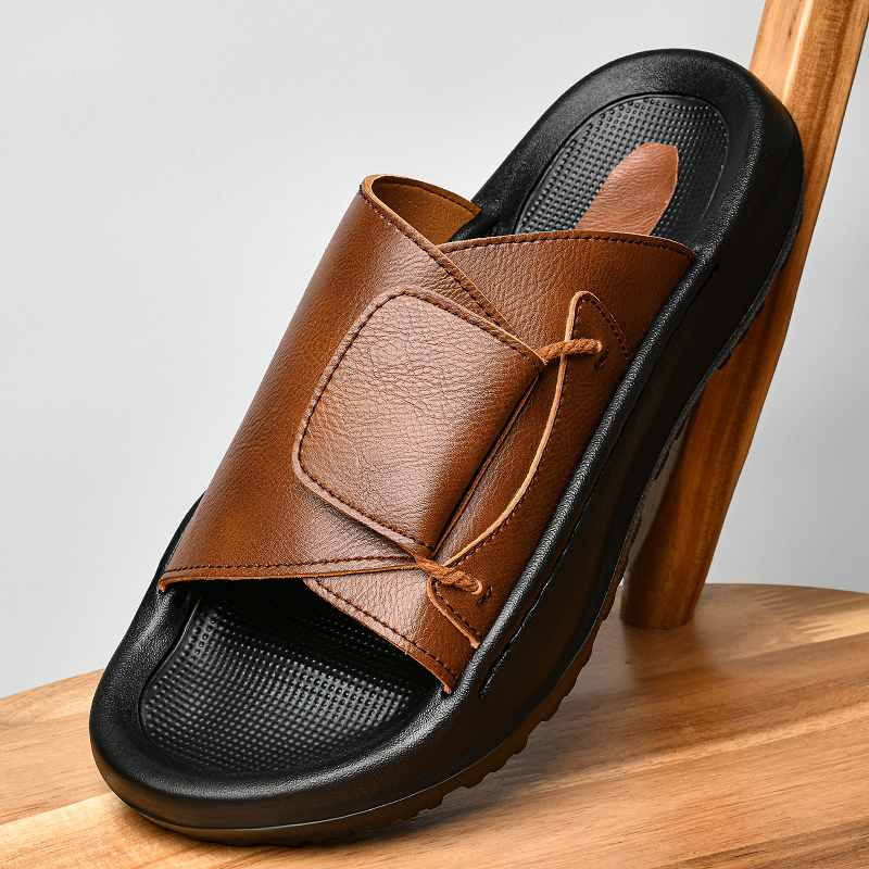 Leather Men's Slippers Slides  - Flip Flop Leather Men บทวิจารณ์และราคา