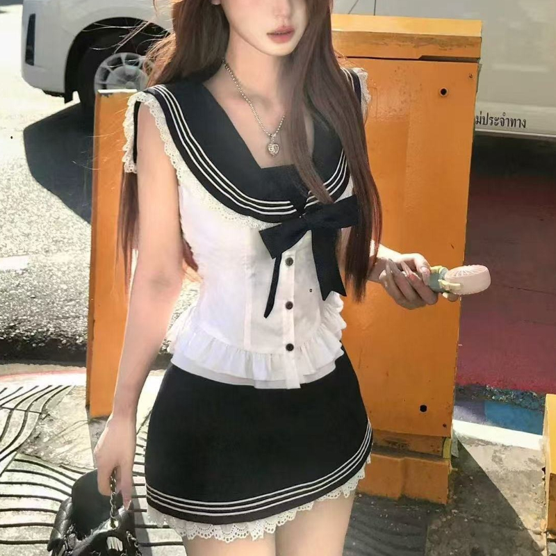 College Style Bow Sweet 2 Piec - Shirt Camp Collar บทวิจารณ์และราคา