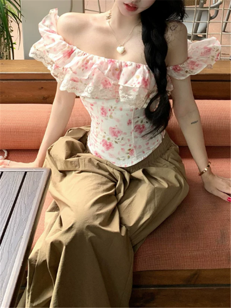 Slash Neck Ruffles Lace Patchw - Resort Shirt Floral บทวิจารณ์และราคา