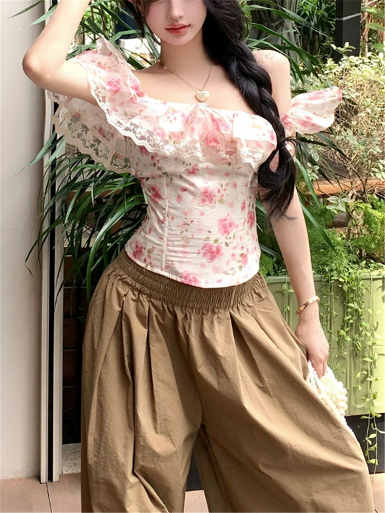 Slash Neck Ruffles Lace Patchw - Resort Shirt Floral บทวิจารณ์และราคา