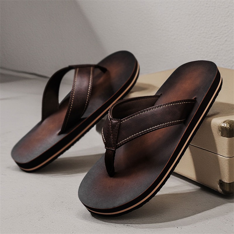 Men's Vintage Washed Faux Leat - Flip Flop Leather Men บทวิจารณ์และราคา