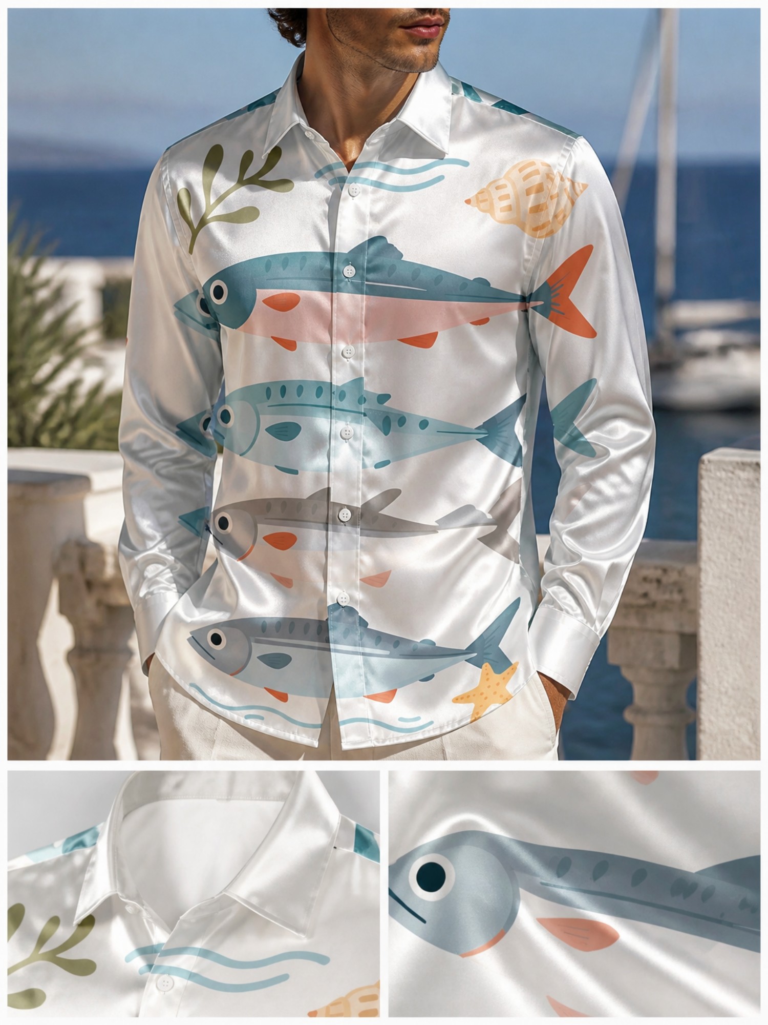 Mens Luxury Satin Long Sleeve  - Resort Shirt Floral บทวิจารณ์และราคา