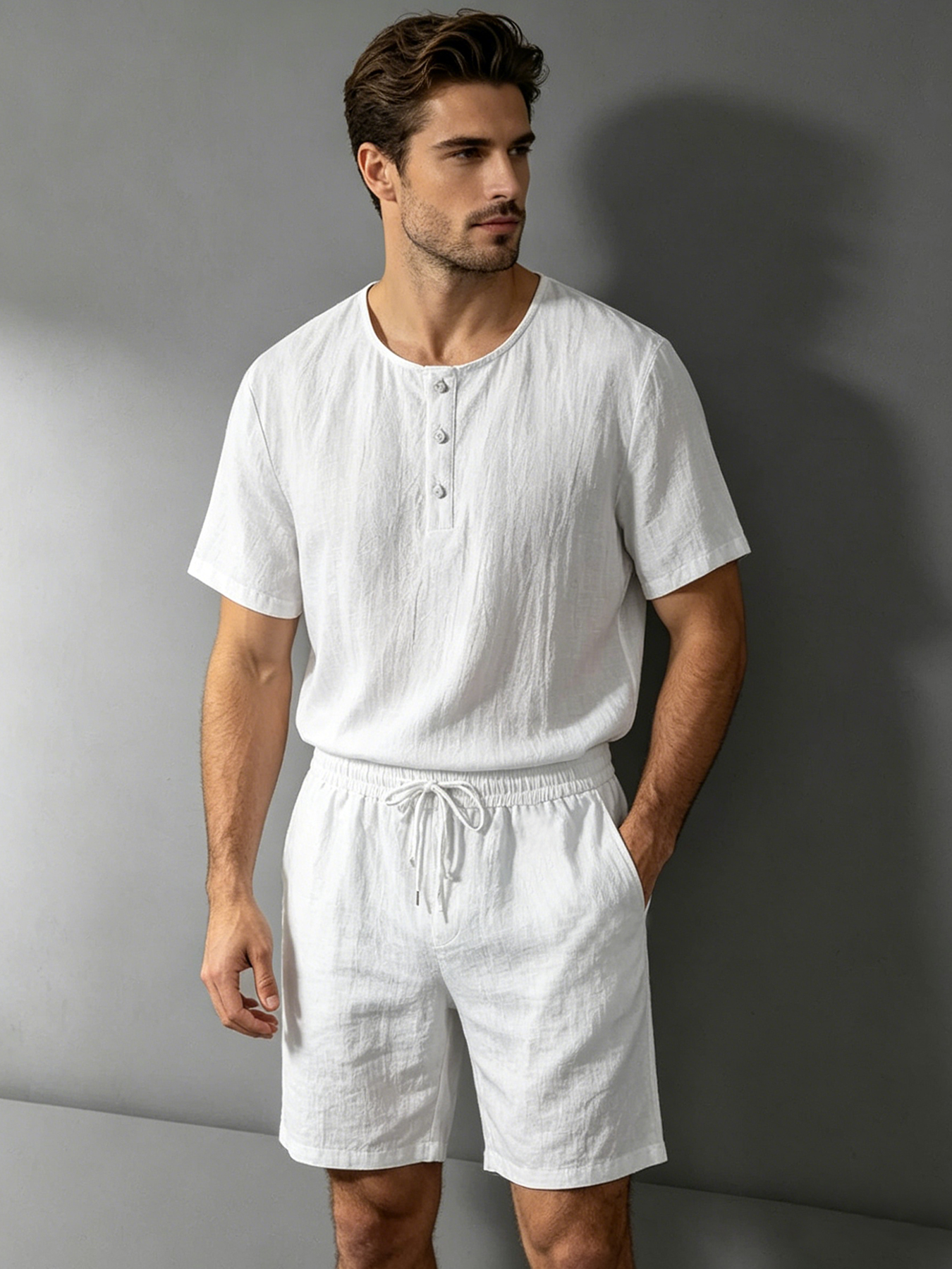 mens cotton linen 2 piece set  - Linen Shirt Breathable บทวิจารณ์และราคา