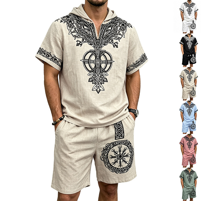 Men Linen Look Viking Tree Pri - Short Linen Drawstring บทวิจารณ์และราคา