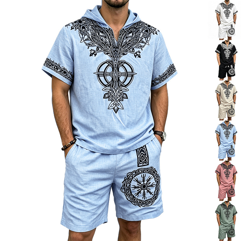 Men Linen Look Viking Tree Pri - Short Linen Drawstring บทวิจารณ์และราคา