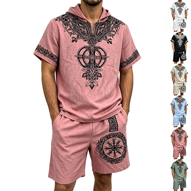 Men Linen Look Viking Tree Pri - Short Linen Drawstring บทวิจารณ์และราคา