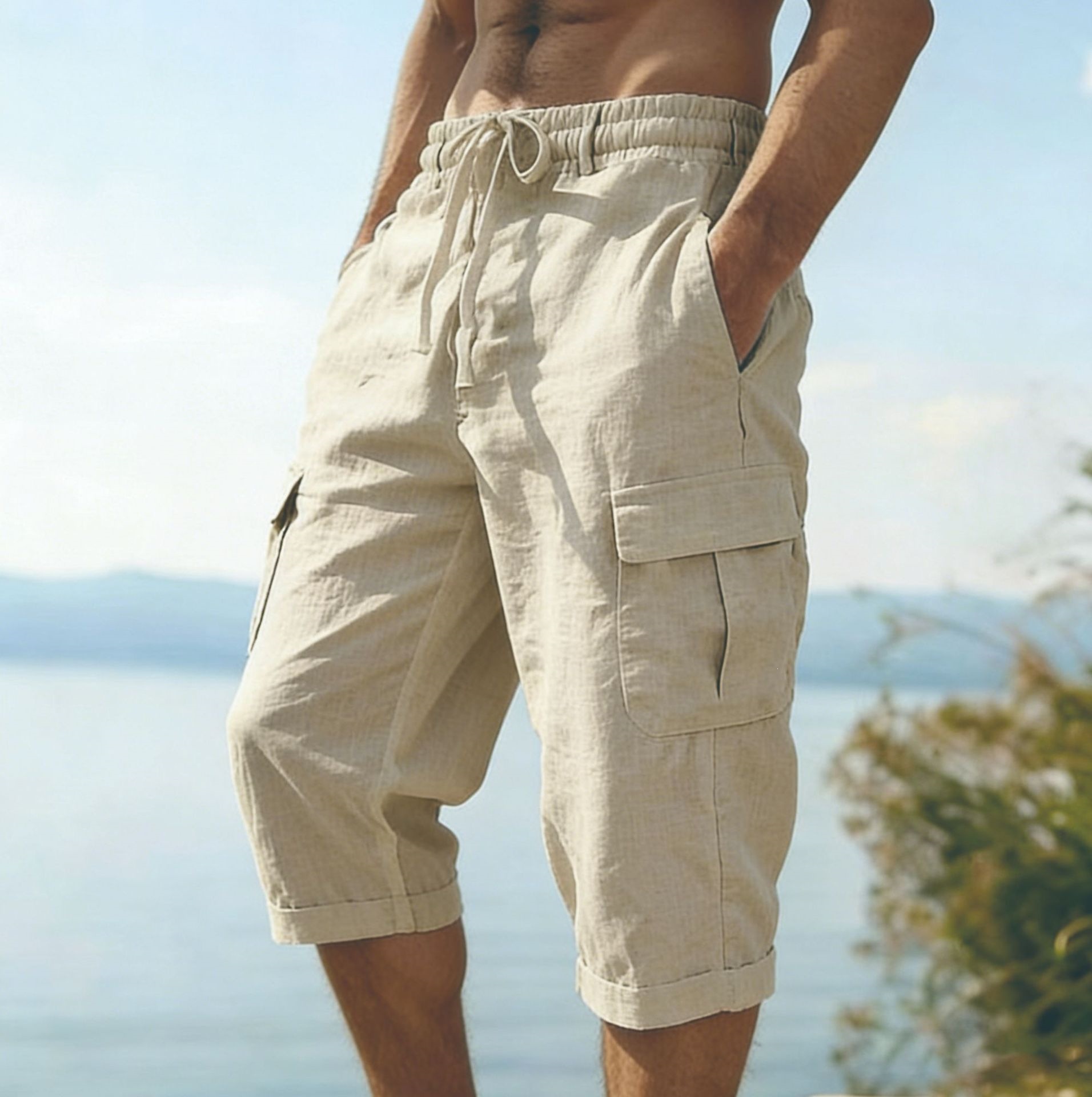 Men Summer Cotton Linen Shorts - Short Linen Drawstring บทวิจารณ์และราคา